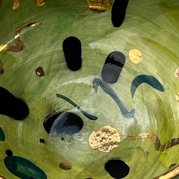 Lime Green Abstract Pottery Snack Bowl with Genuine Gold Accents - Picture 9 of 11